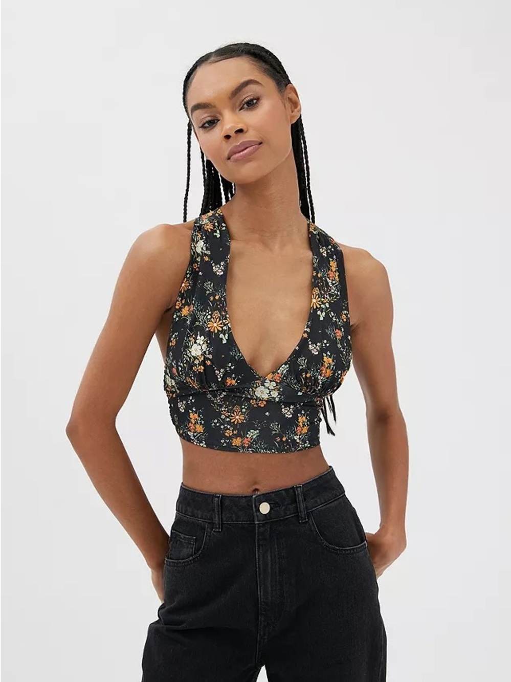 Urban Outfitters Black Floral Wrap Cami with Orange & Cream Blooms